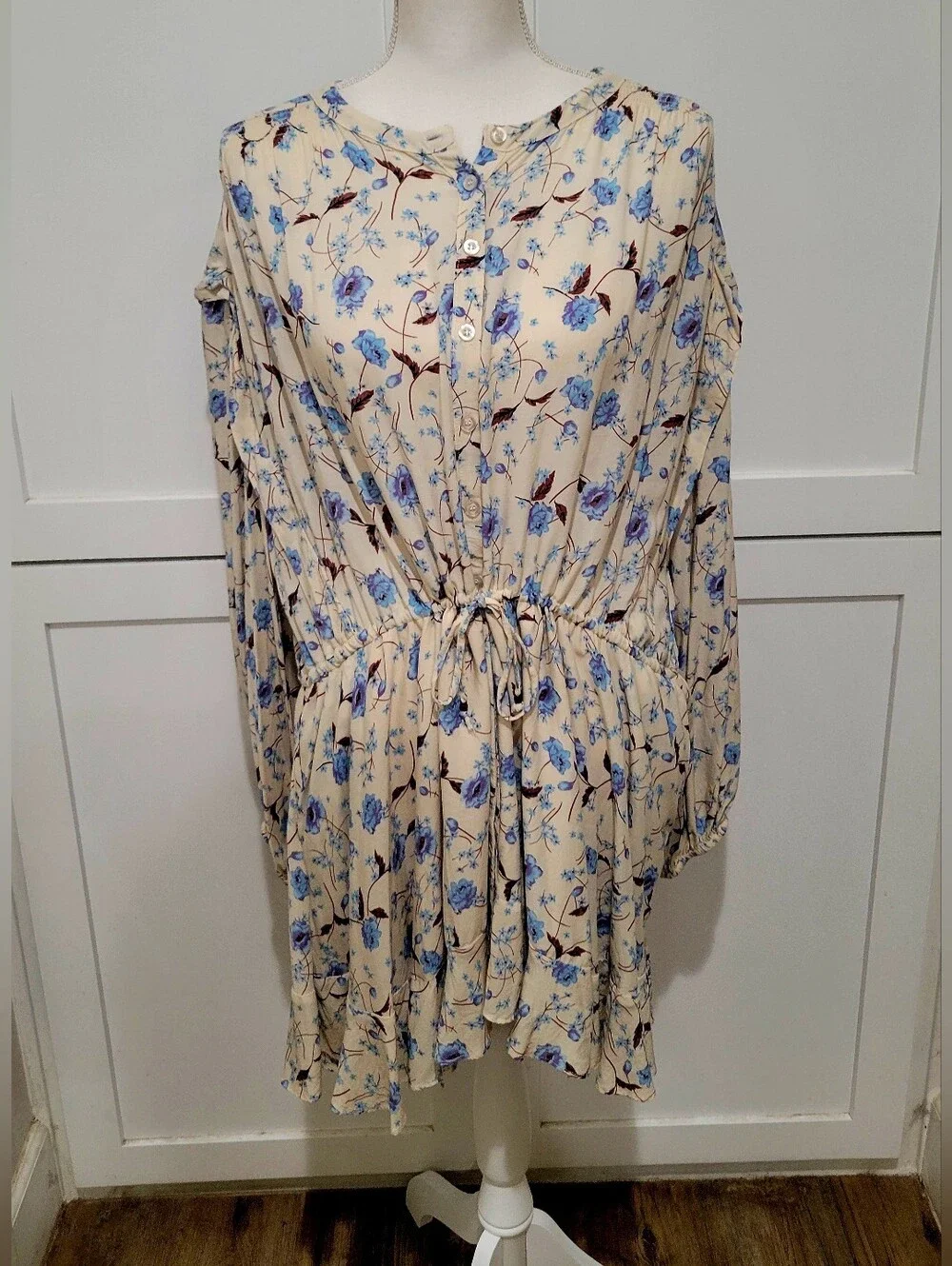 Free People Flower Fields Mini Dress in Cream & Blue | Size Medium